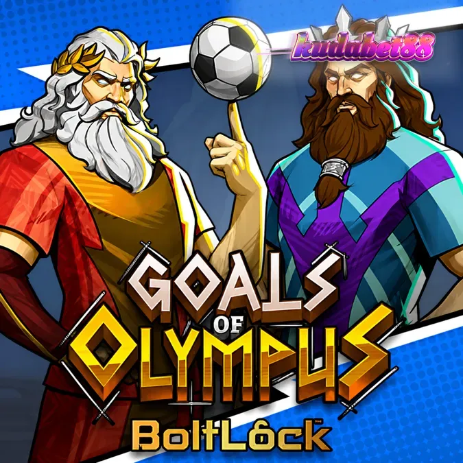 Tampilan grid 5x5 dalam permainan Goals of Olympus BoltLock dengan elemen bertema sepak bola dan mitologi.